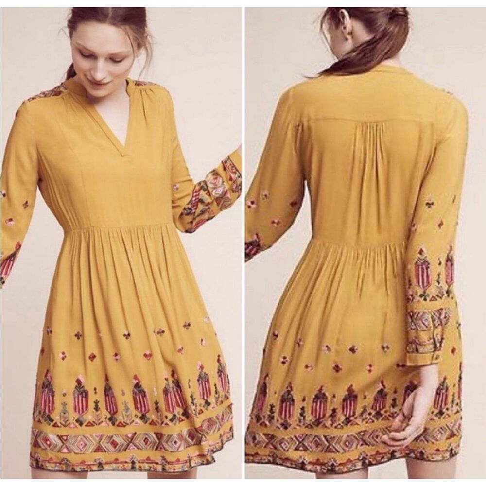Anthropologie Mustard Yellow Embroidered Midi Dress